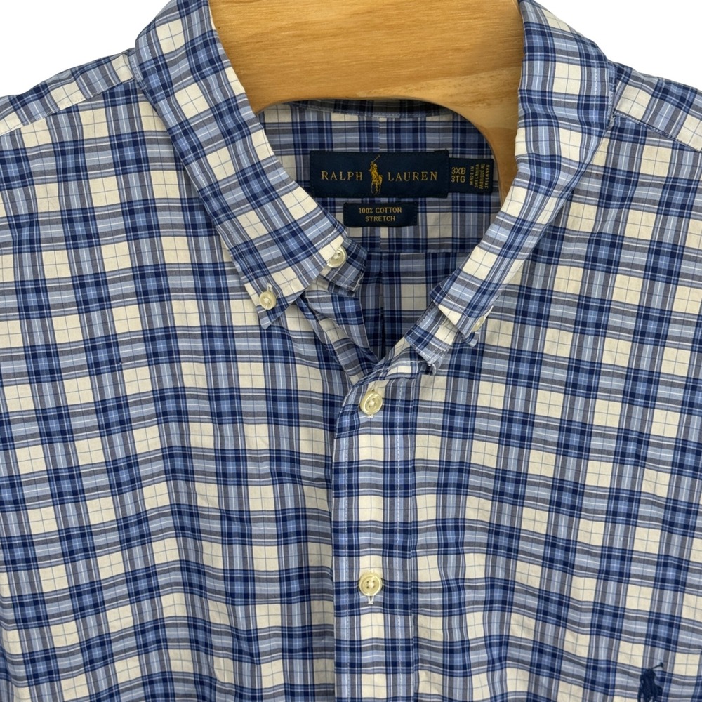 Ralph Lauren Mens 3XB Blue White Plaid Cotton Stretch Button Down Shirt Big Tall